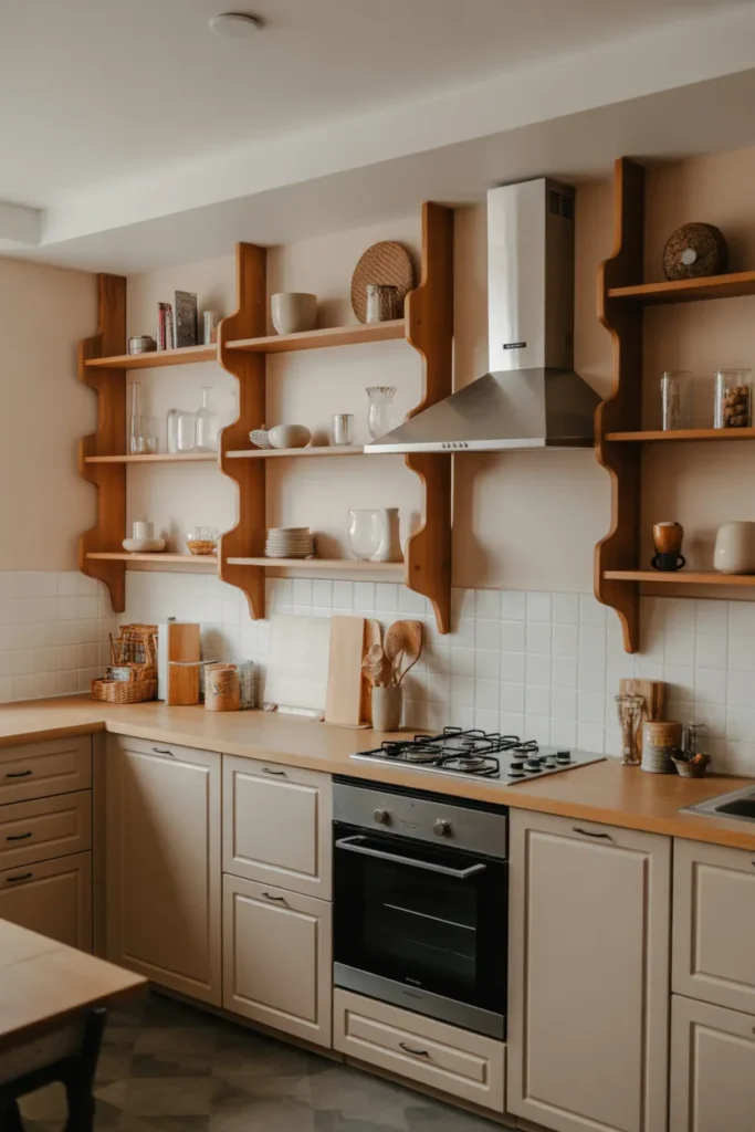 Tiny Kitchen With Floating Shelves and Warm Wood Accents