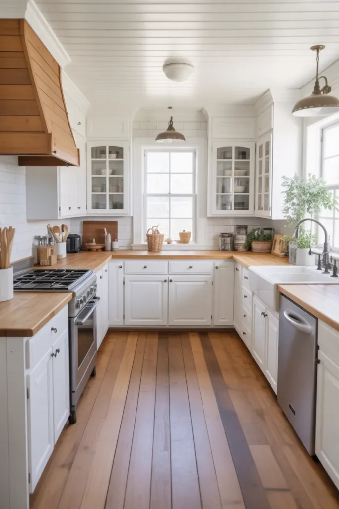  White Farmhouse Kitchen with Natural Wood Floors