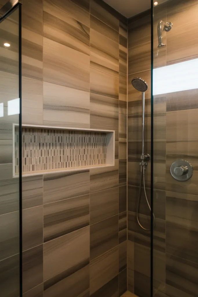 Wood Look Tile Shower With Built-In Niche