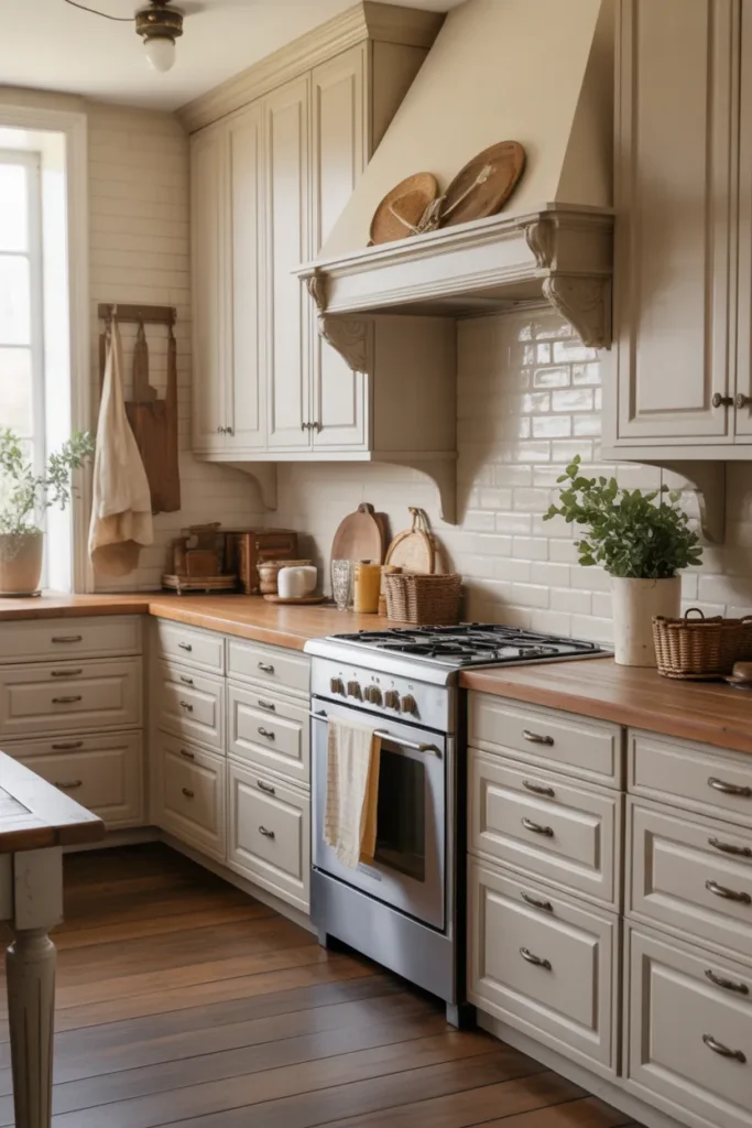 French Farmhouse Kitchen with Antique Brass Hardware
