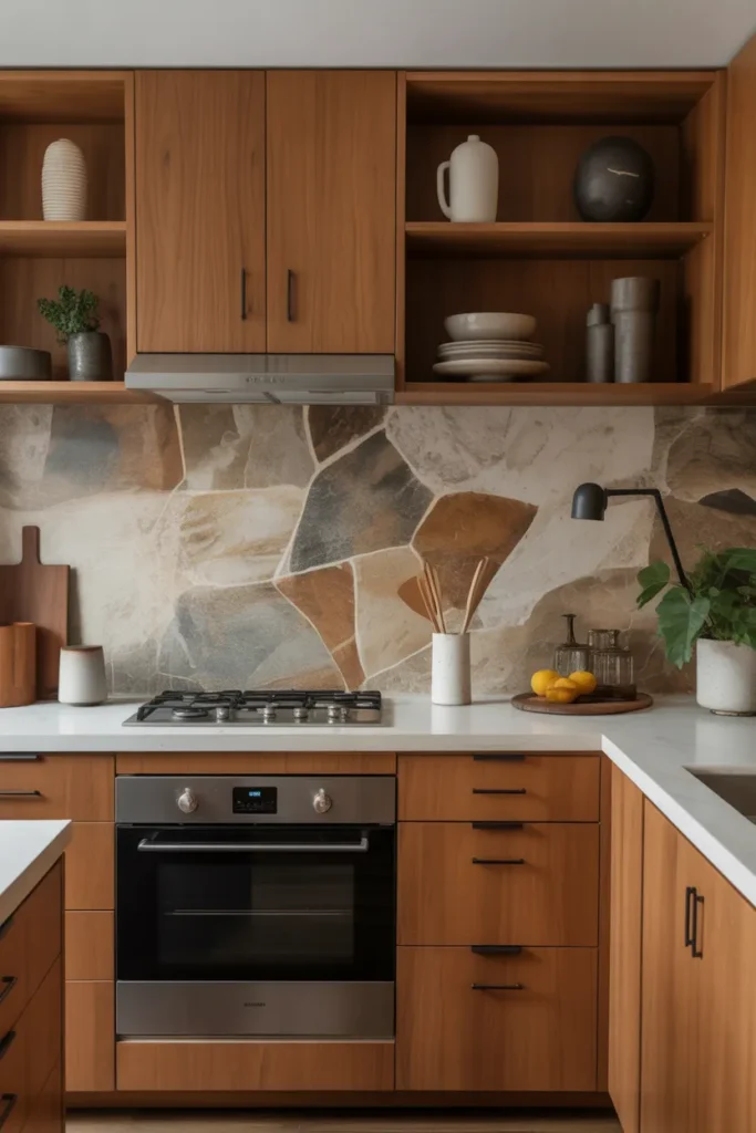   Mid Century Kitchen With Natural Stone Backsplash