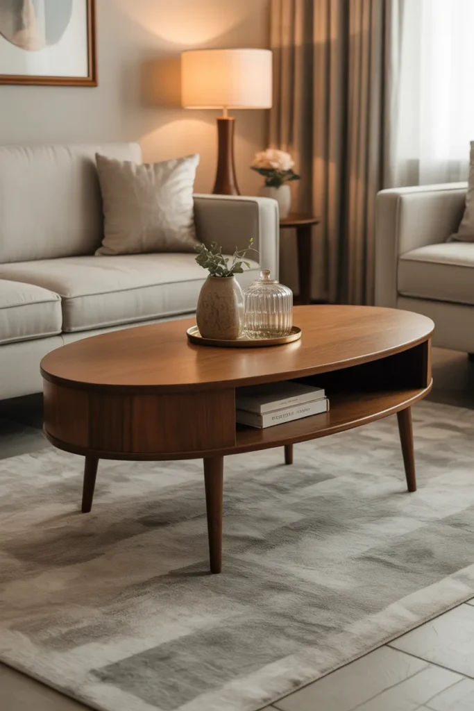  Oval Mid Century Coffee Table with Storage Drawer