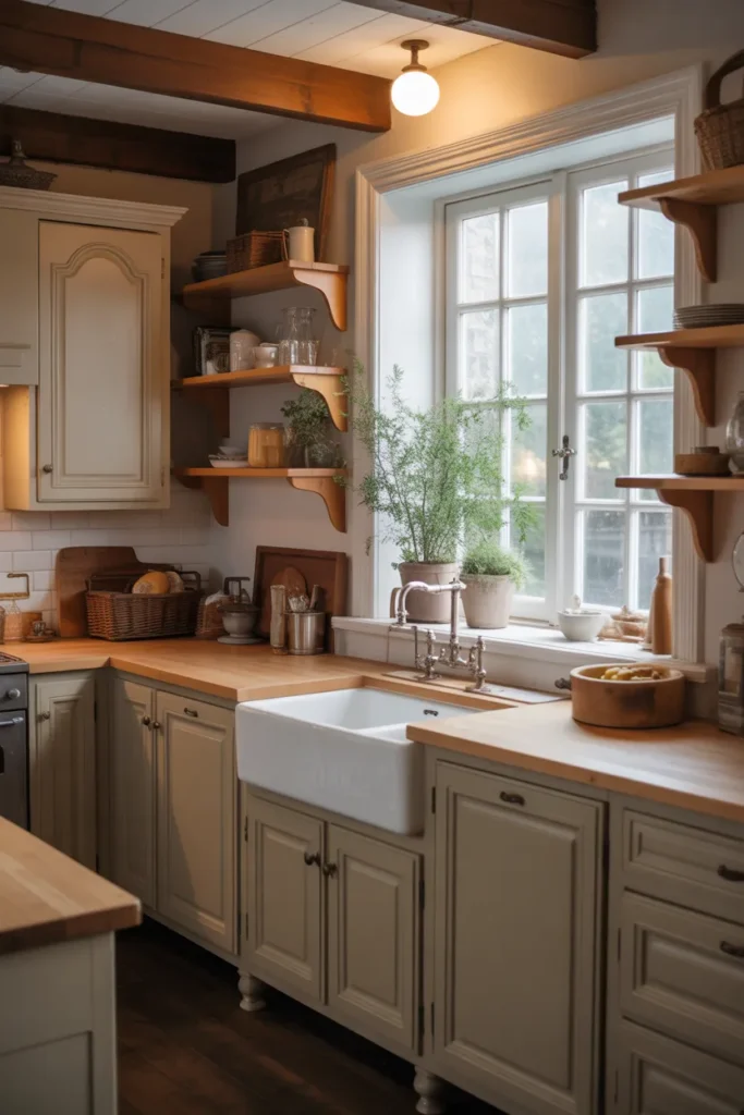 Cozy French Farmhouse Kitchen with Farmhouse Sink