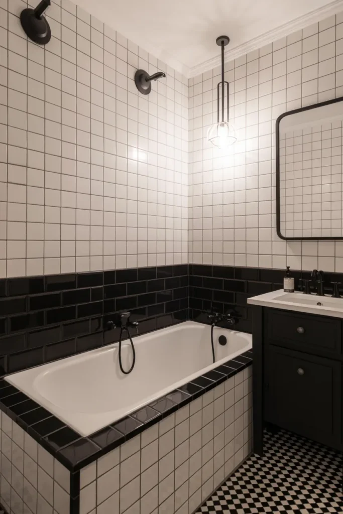 Black and White Small Bathroom with Tub
