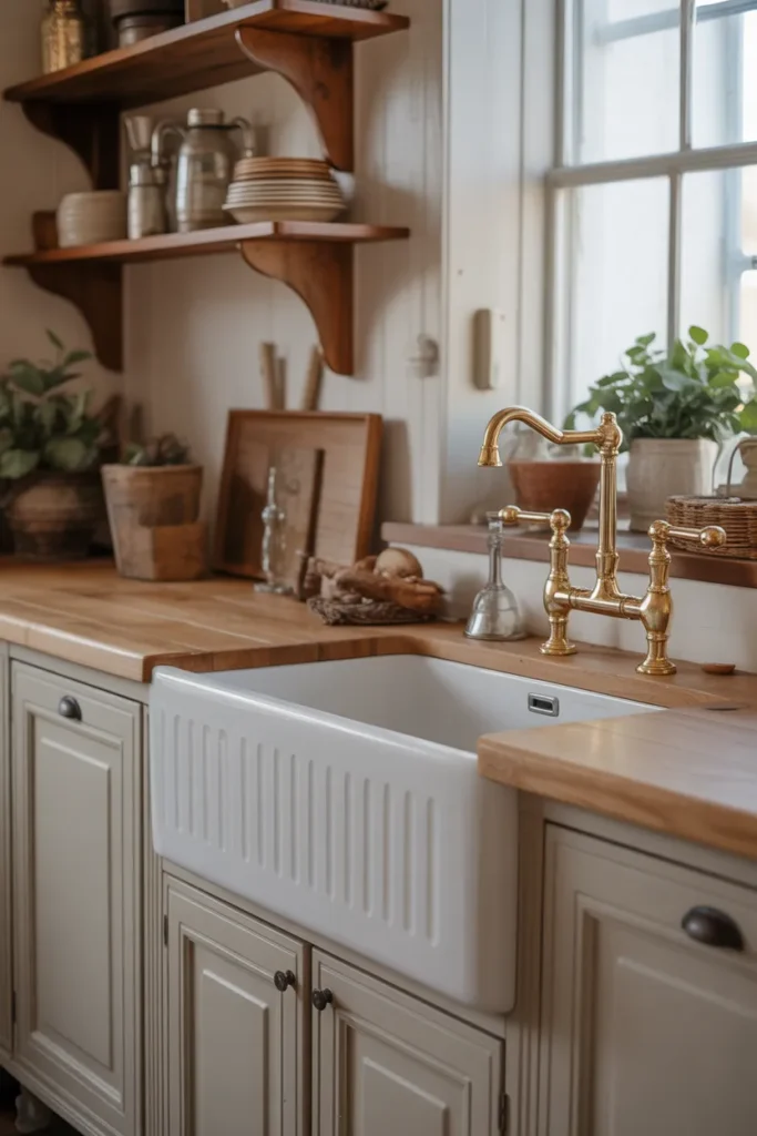 Farmhouse Sink with Vintage Brass Fixtures