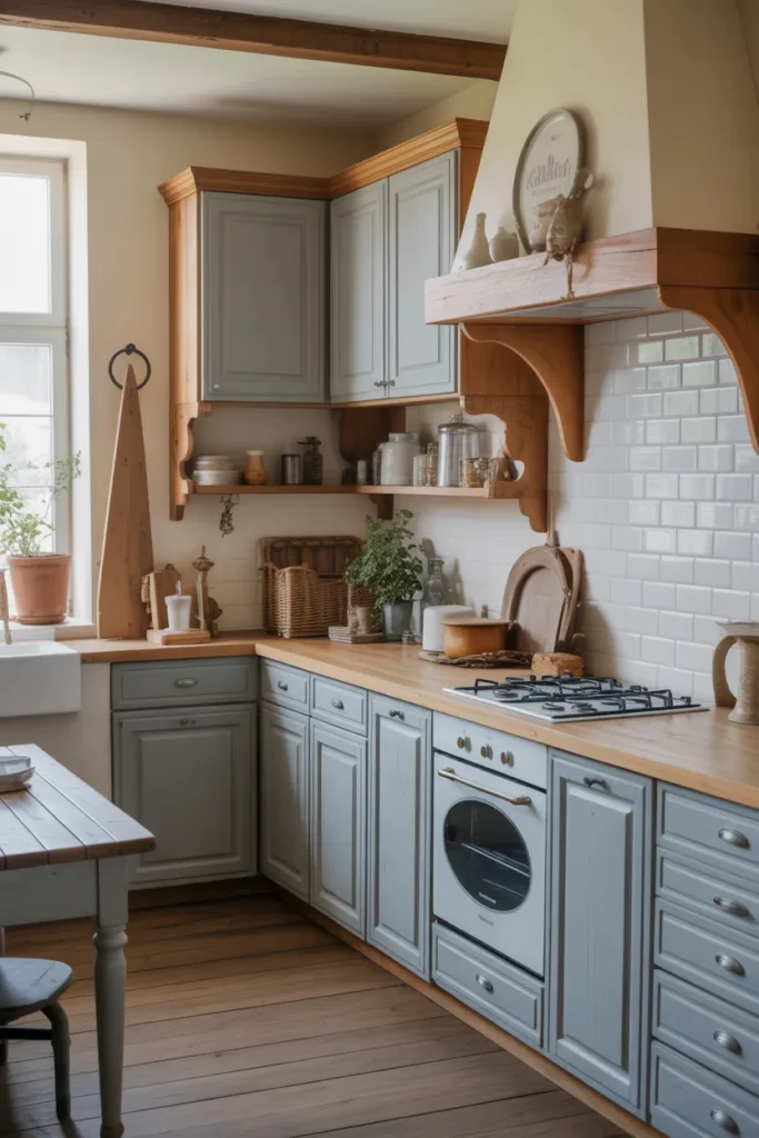 French Farmhouse Kitchen with Soft Blue Cabinetry