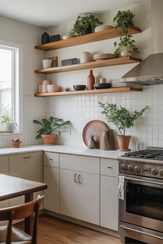   Mid Century Kitchen With Open Wood Shelving