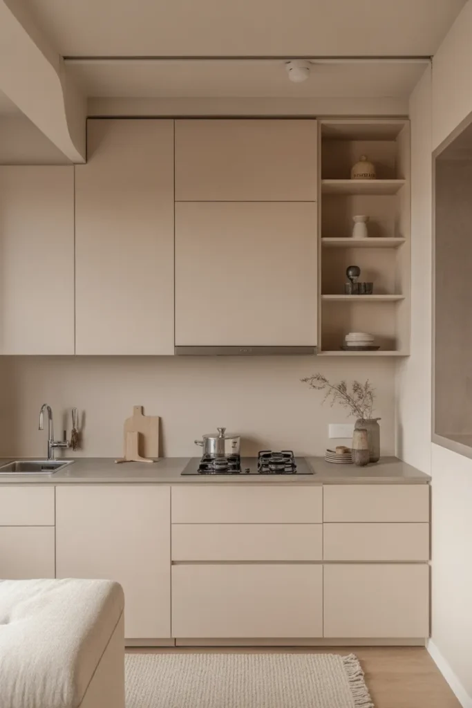  Minimalist Small Apartment Kitchen in Neutral Tones