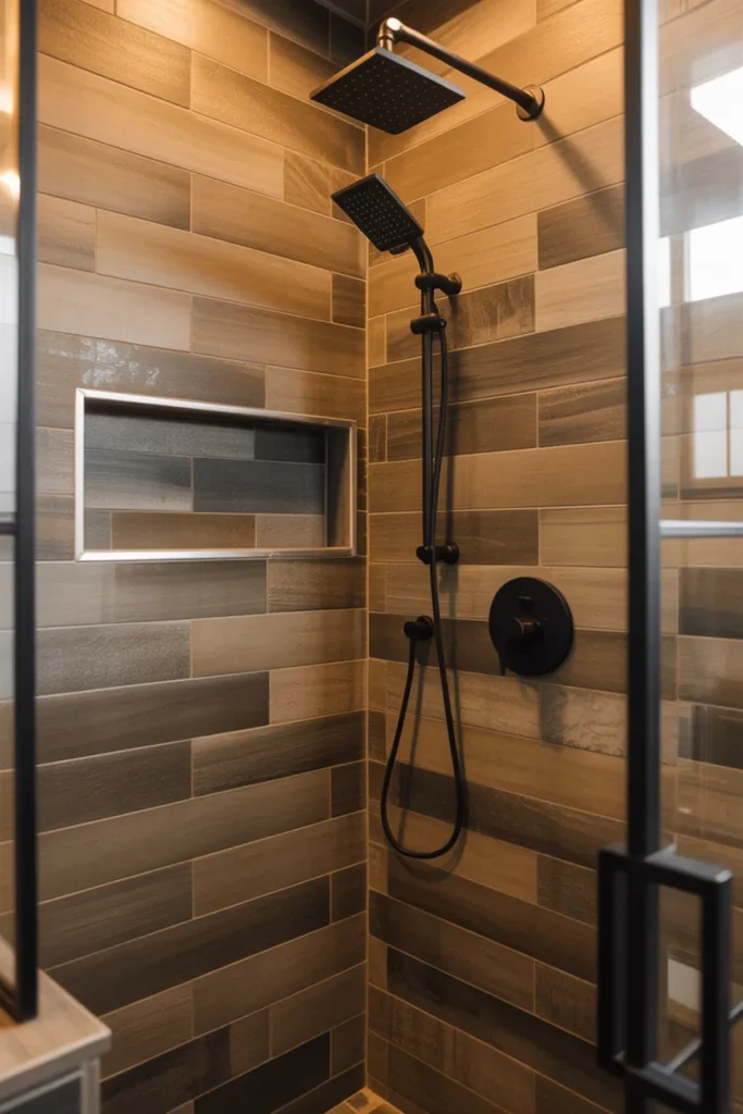 Wood Look Tile Shower With Black Fixtures