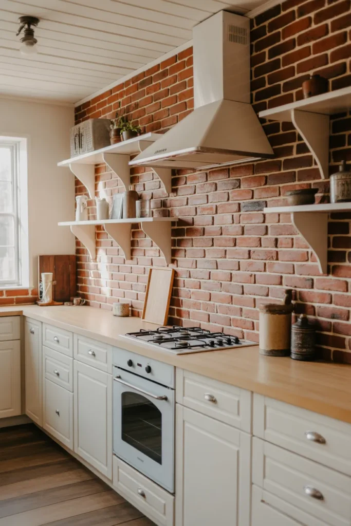 Classic Red Brick Backsplash with White Cabinets