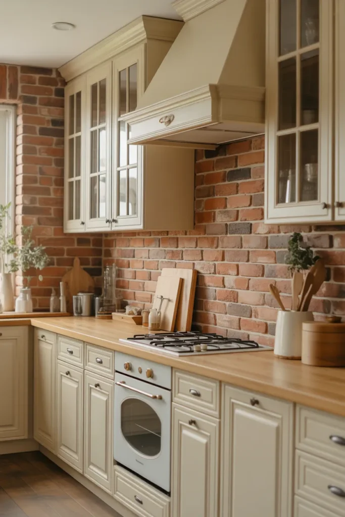 Brick Backsplash with Cream Farmhouse Cabinets