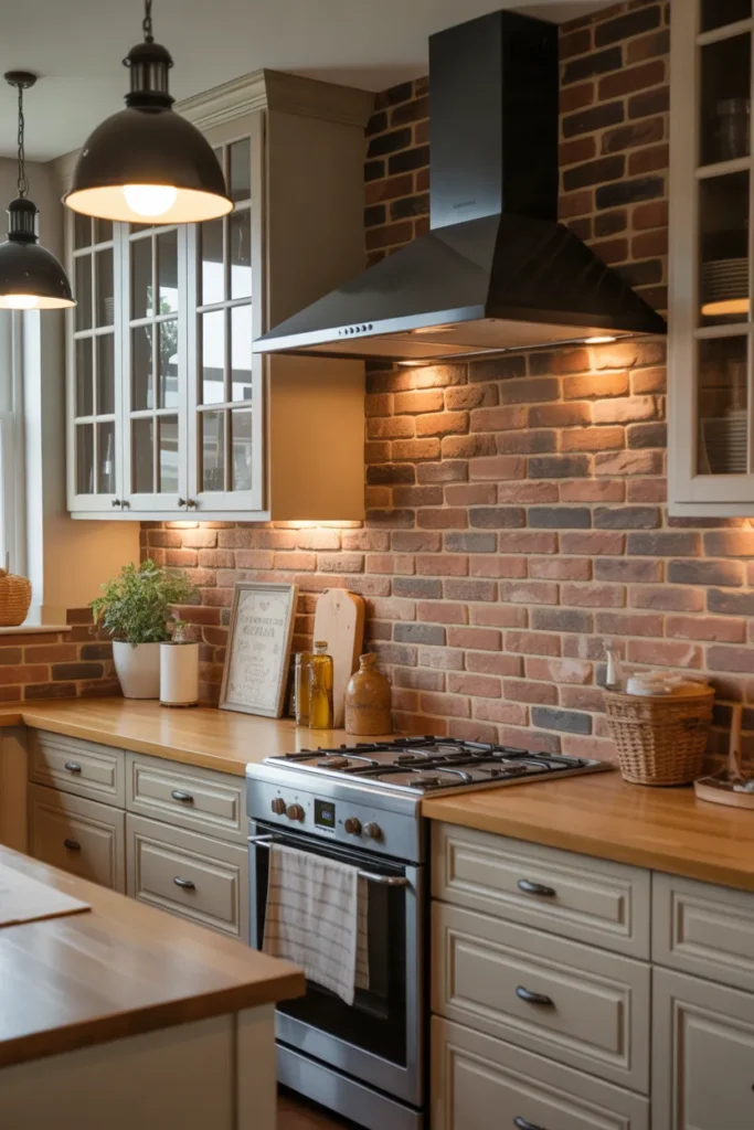 Brick Backsplash with Vintage Farmhouse Lighting