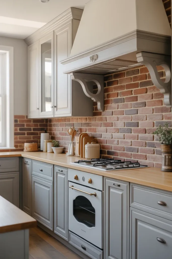Brick Backsplash with Soft Gray Farmhouse Cabinets