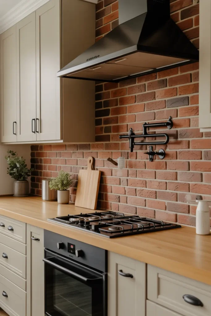 Brick Backsplash with Matte Black Farmhouse Hardware