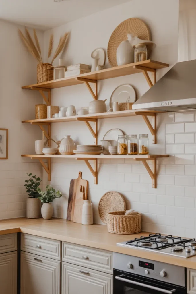 Open Shelving with Neutral Farmhouse Decor