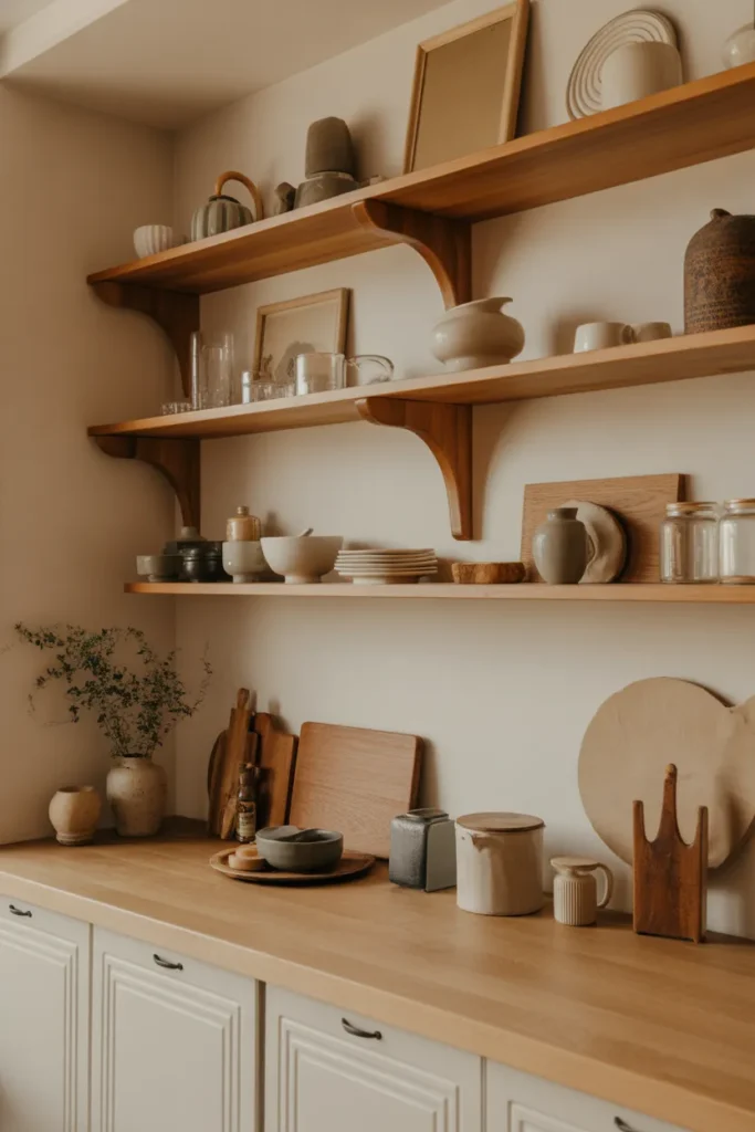 Open Wooden Shelving with Curated Decor