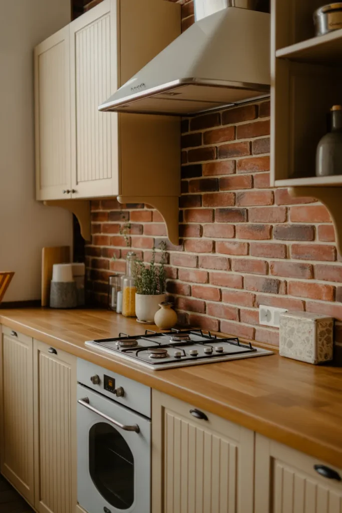 Rustic Brick Backsplash with Wooden Countertops