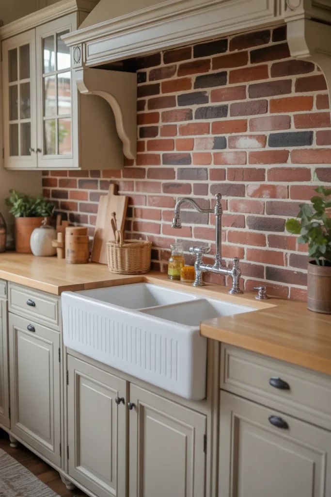 Brick Backsplash Paired with Farmhouse Sink