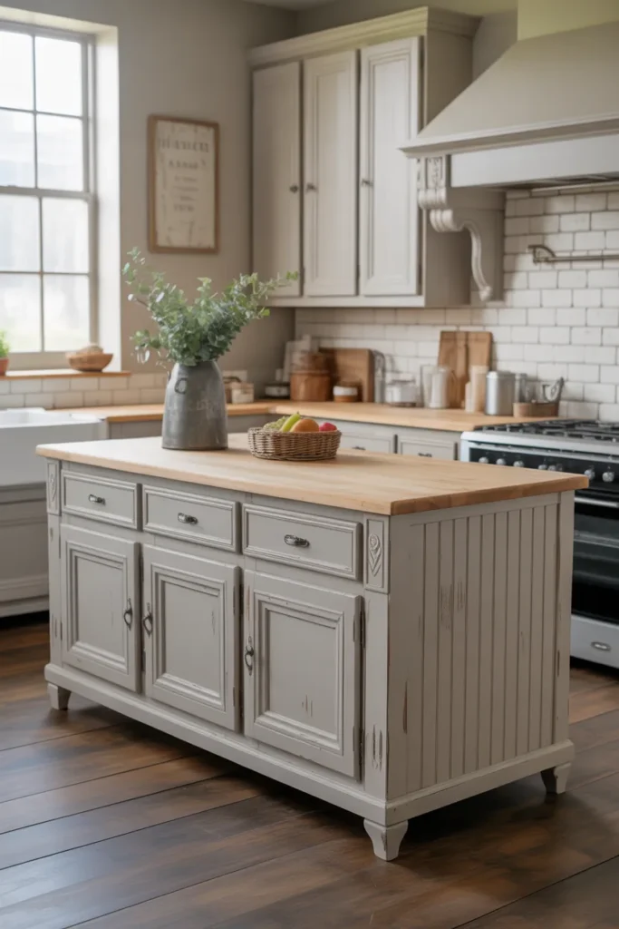 Farmhouse Kitchen Island With Distressed Paint Finish