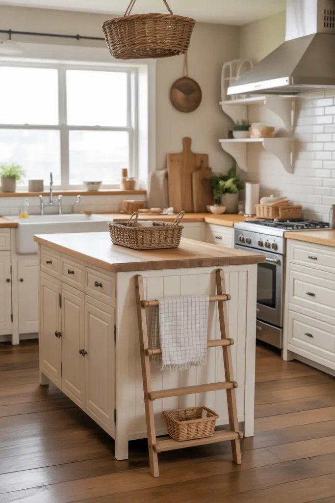 Farmhouse Kitchen Island With Rustic Ladder Storage