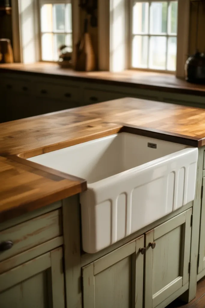 Rustic Farmhouse Kitchen Island With Apron Sink Feature