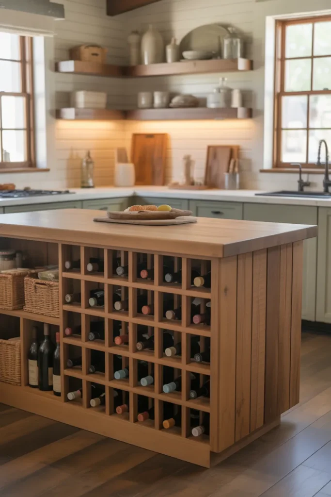 Rustic Farmhouse Kitchen Island With Built-In Wine Storage
