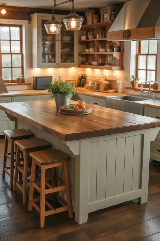 Rustic Farmhouse Kitchen Island With Chunky Wood Top