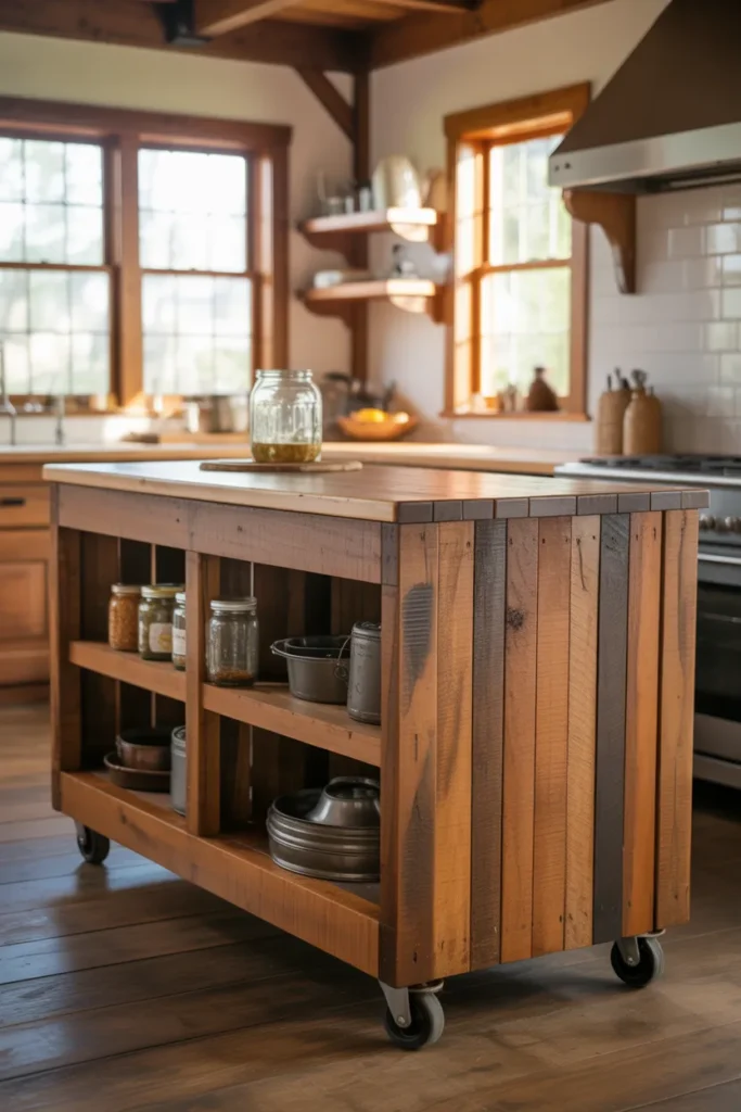 Rustic Farmhouse Kitchen Island With Rolling Cart Design