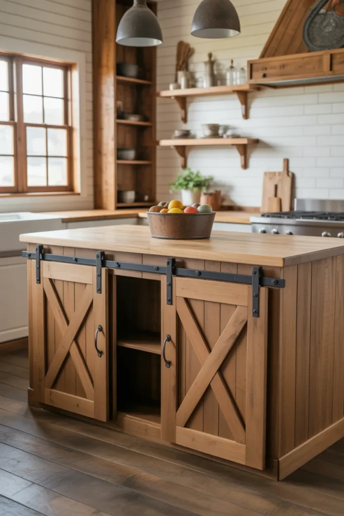 Rustic Farmhouse Kitchen Island With Sliding Barn Doors