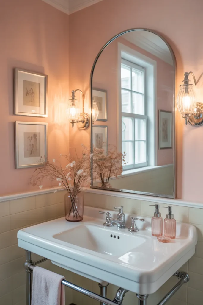 Soft Pink Bathroom With Vintage Lighting