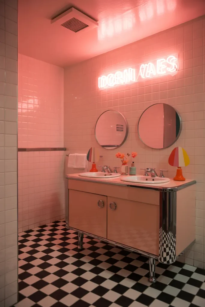 Pink Retro Bathroom With Neon Sign