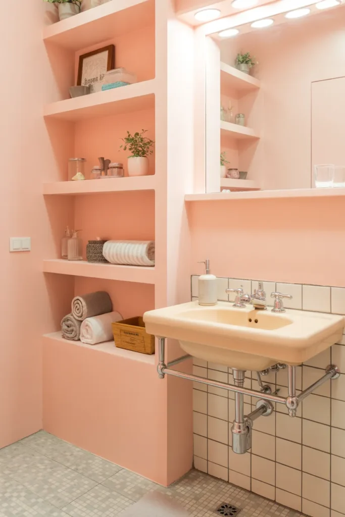 Retro Pink Bathroom With Open Shelving