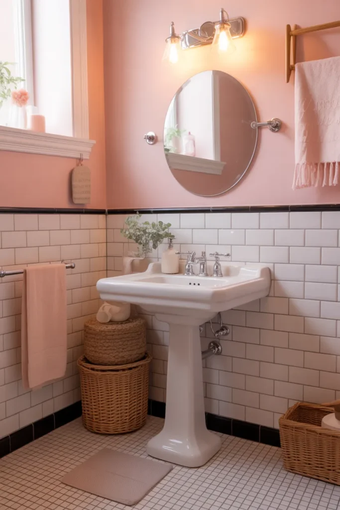 Pink Retro Bathroom With White Subway Tiles
