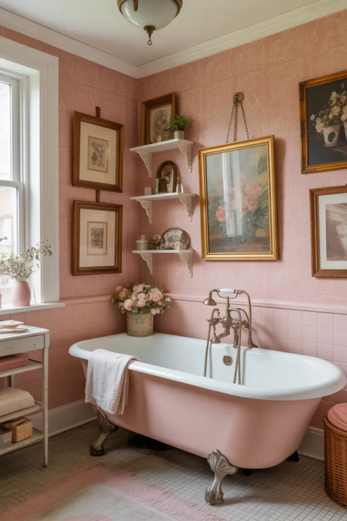 Retro Pink Bathroom With Vintage Wallpaper