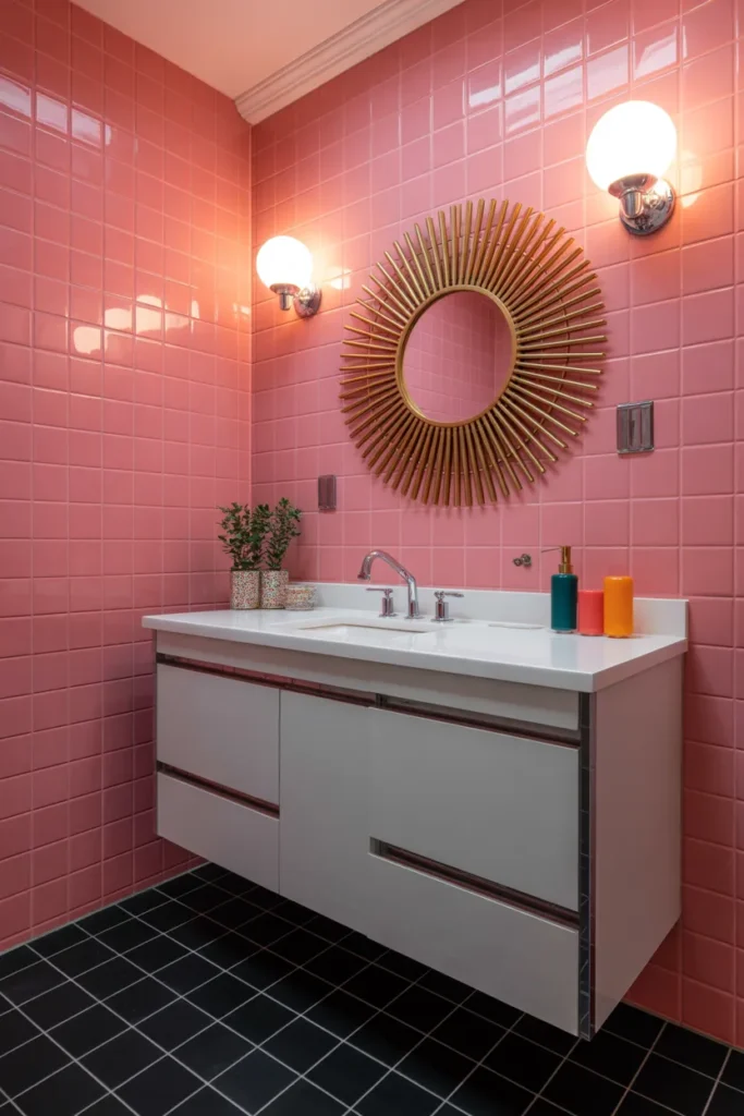 Bright Pink Retro Bathroom With Sunburst Mirror