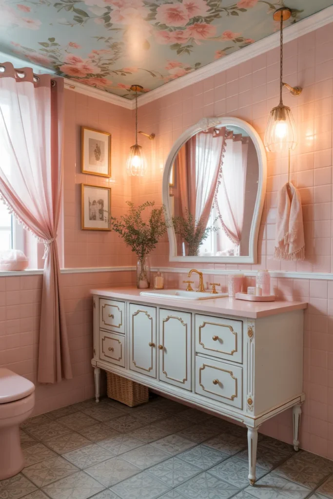 Retro Pink Bathroom With Ceiling Wallpaper