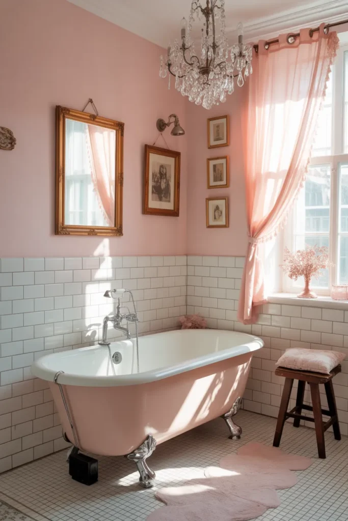 Retro Pink Bathroom With Clawfoot Tub