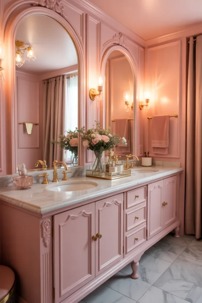 Glam Pink Bathroom With Gold Fixtures