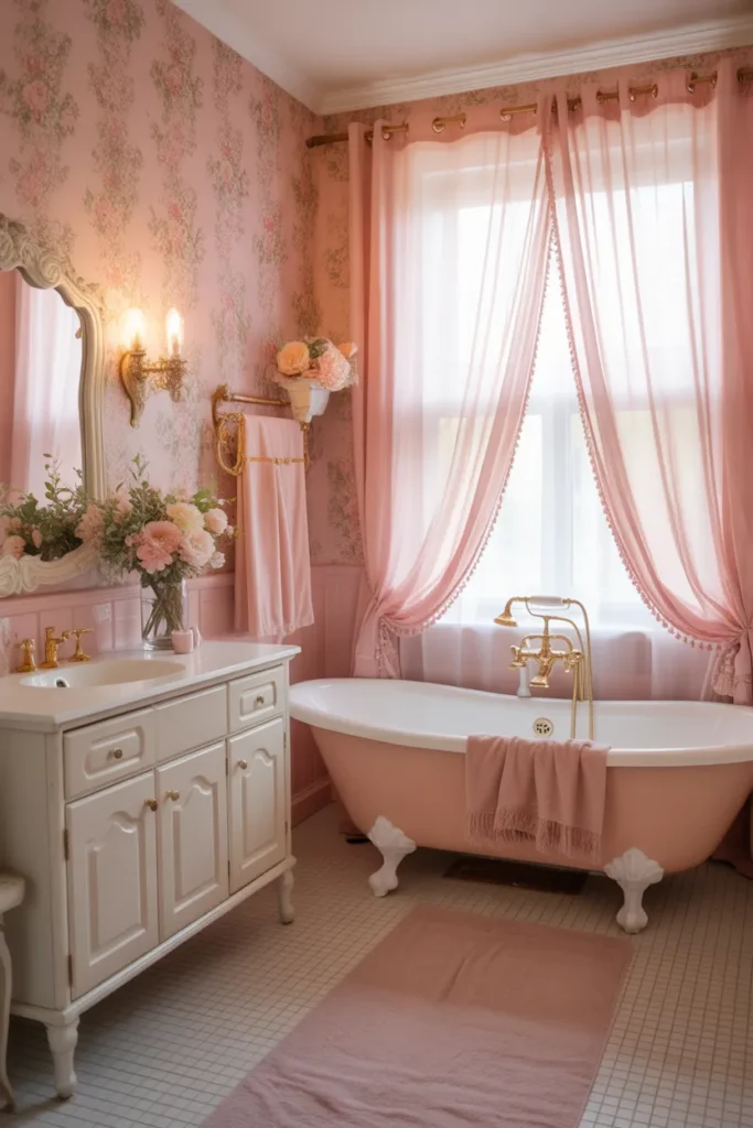 Pink Floral Wallpaper Retro Bathroom