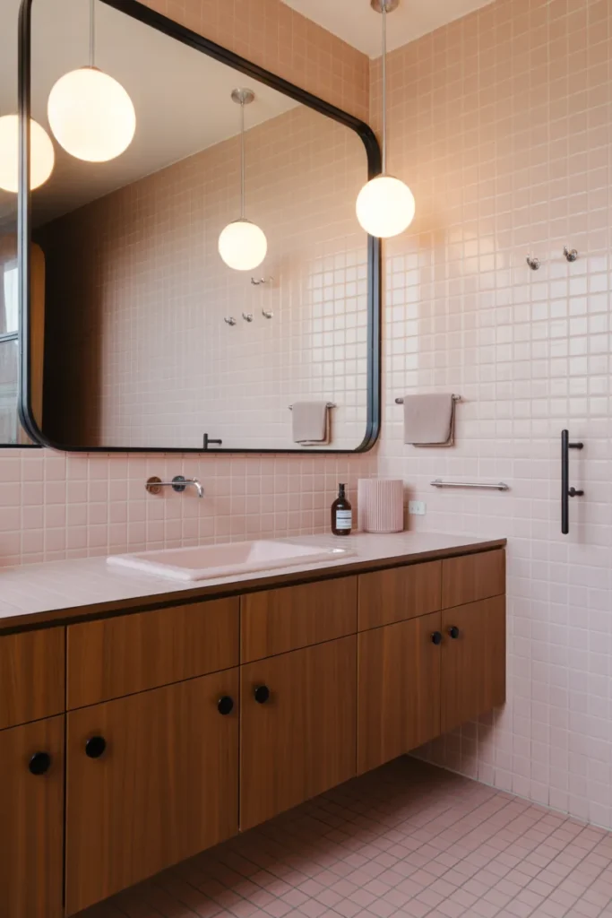 Mid-Century Pink Bathroom With Wood Details